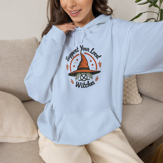 Support Your Local Witches Hoodie — Cute Witch Hat Graphic Pullover for Halloween