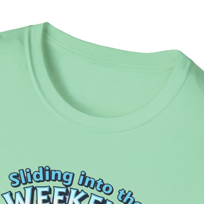 Sliding Penguin, Weekend Vibes T-Shirt, Funny Graphic Tee, Penguin Design Shirt, Casual Apparel, Unisex Softstyle T-Shirt - Psychonaut Swag