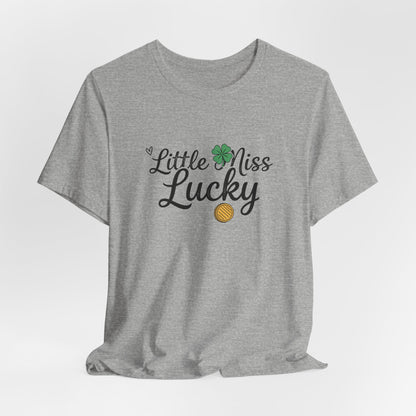 Little Miss Lucky T-Shirt — St. Patrick’s Day Girls’ Tee with Shamrock & Gold Coin
