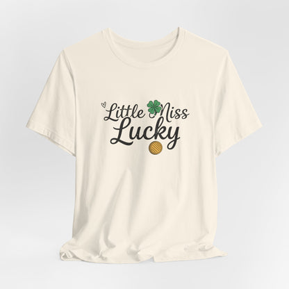 Little Miss Lucky T-Shirt — St. Patrick’s Day Girls’ Tee with Shamrock & Gold Coin