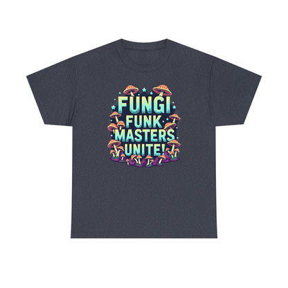 Fungi Funk Masters Unite Unisex Heavy Cotton Tee - Playful Mushroom Graphic T-Shirt - Psychonaut Swag