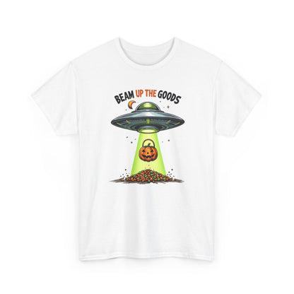 Halloween UFO T-Shirt — "Beam Up The Goods" Pumpkin Candy Abduction Tee