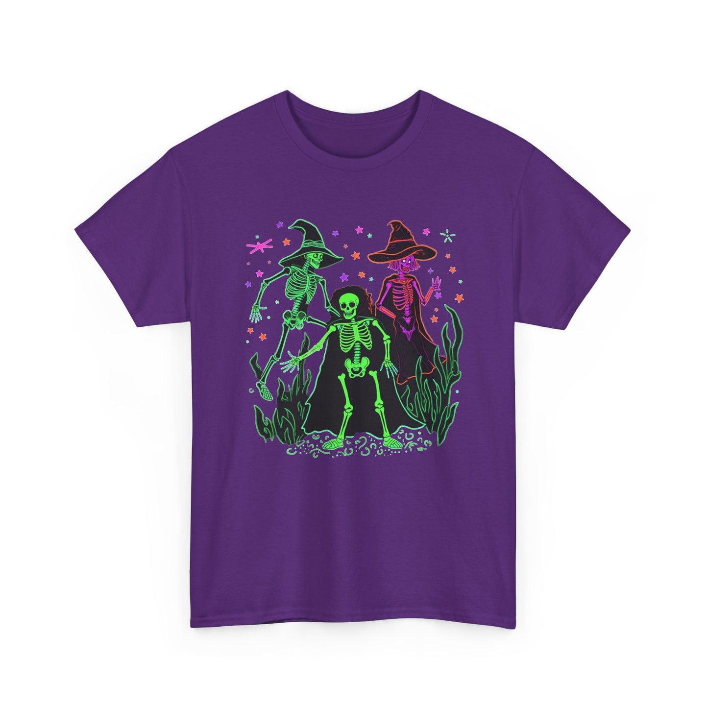 Halloween Neon Witches & Skeleton Tee — Retro Spooky Graphic T-Shirt