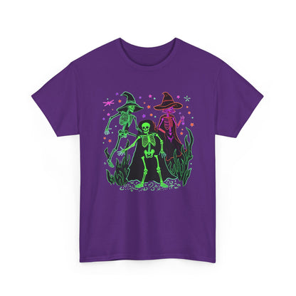 Halloween Neon Witches & Skeleton Tee — Retro Spooky Graphic T-Shirt