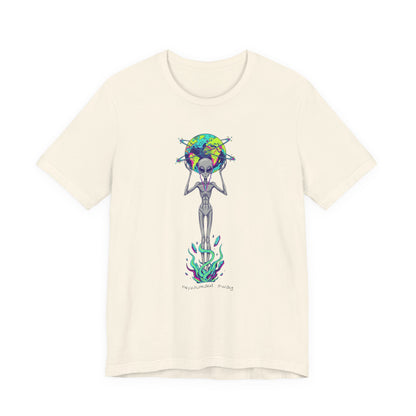 Alien Holding Earth Graphic Tee — Cosmic Sci‑Fi Alien Shirt