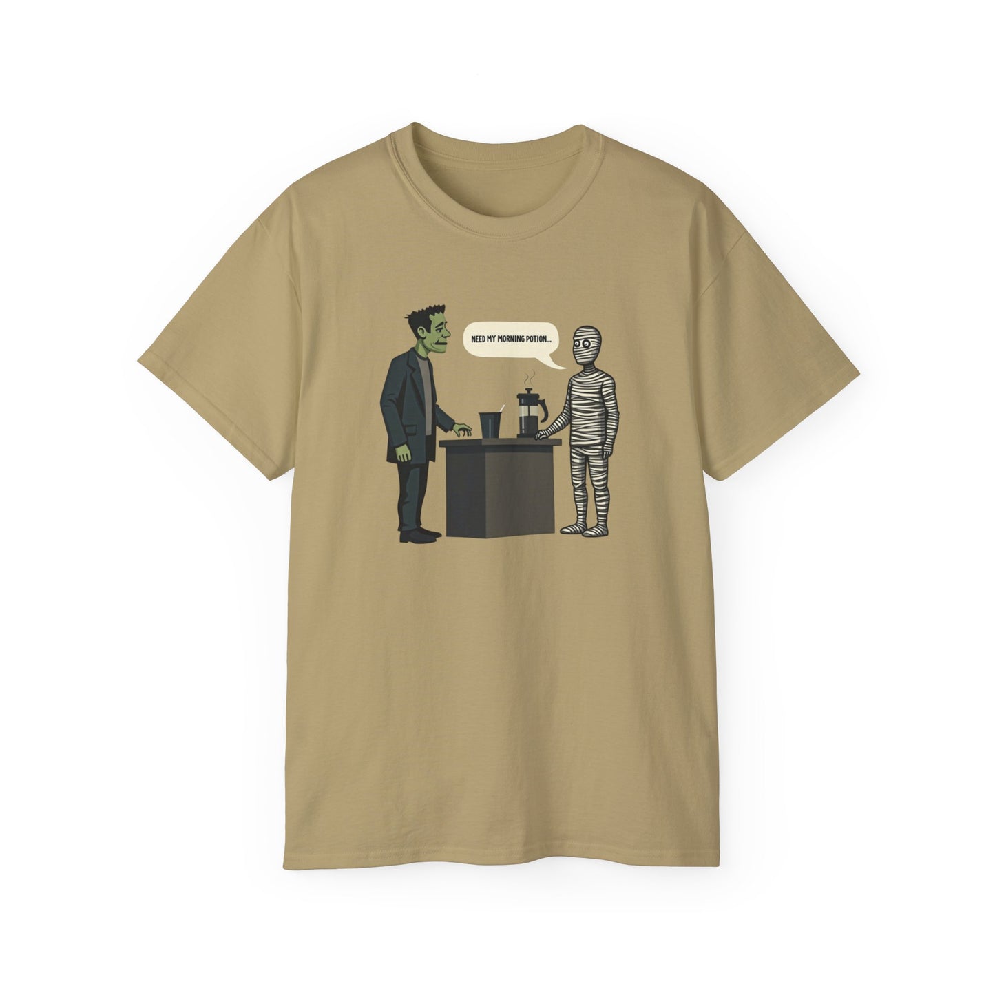 Funny Halloween Tee — Frankenstein & Mummy Coffee Joke Shirt