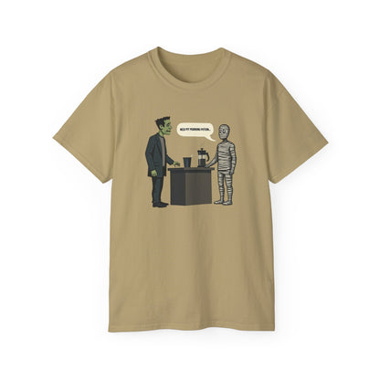 Funny Halloween Tee — Frankenstein & Mummy Coffee Joke Shirt