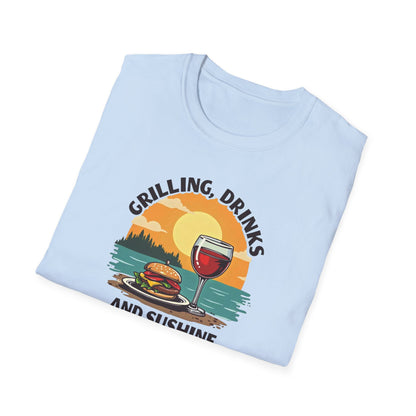 T-Shirt — Grilling, Drinks and Sunshine Retro Sunset BBQ Wine Tee