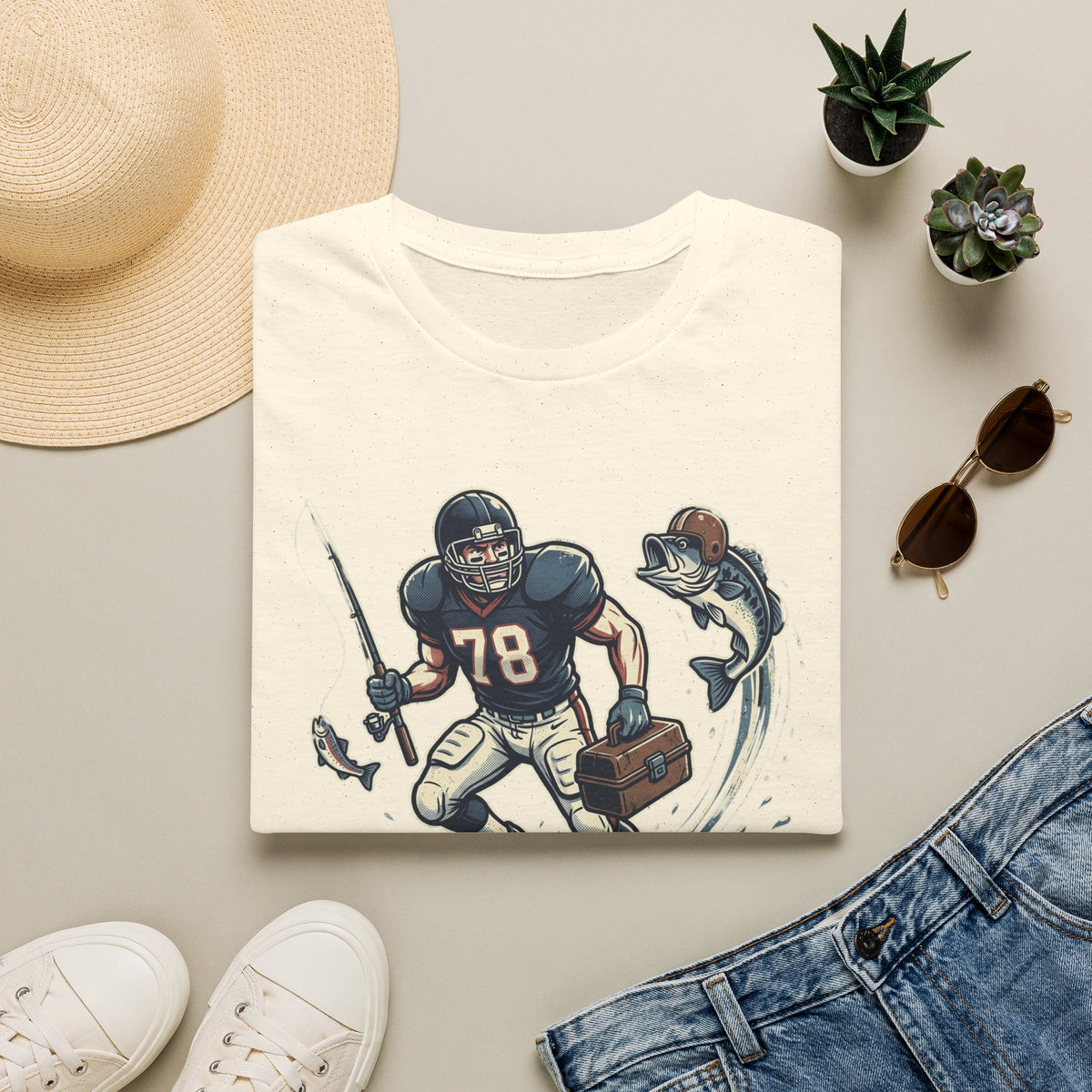 Football Fisherman T‑Shirt – Vintage Helmeted Player Catching Fish Graphic