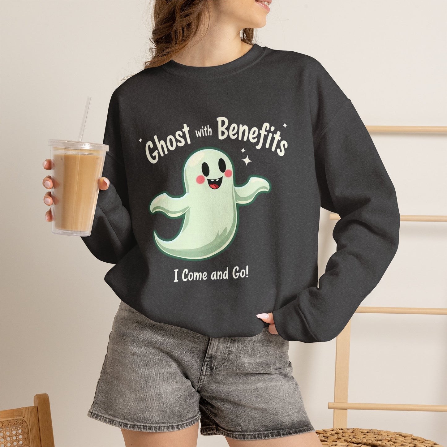 Ghost with Benefits Crewneck Sweatshirt — Cute Halloween Ghost Graphic
