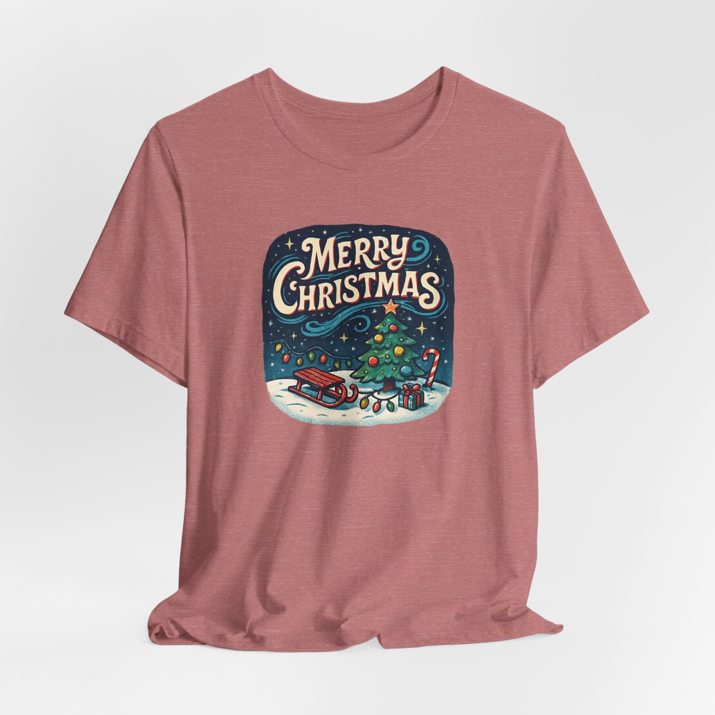 Merry Christmas Tee — Vintage Holiday Tree & Sled Graphic T-Shirt