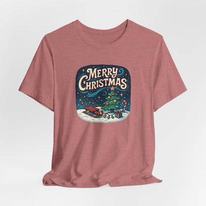 Merry Christmas Tee — Vintage Holiday Tree & Sled Graphic T-Shirt