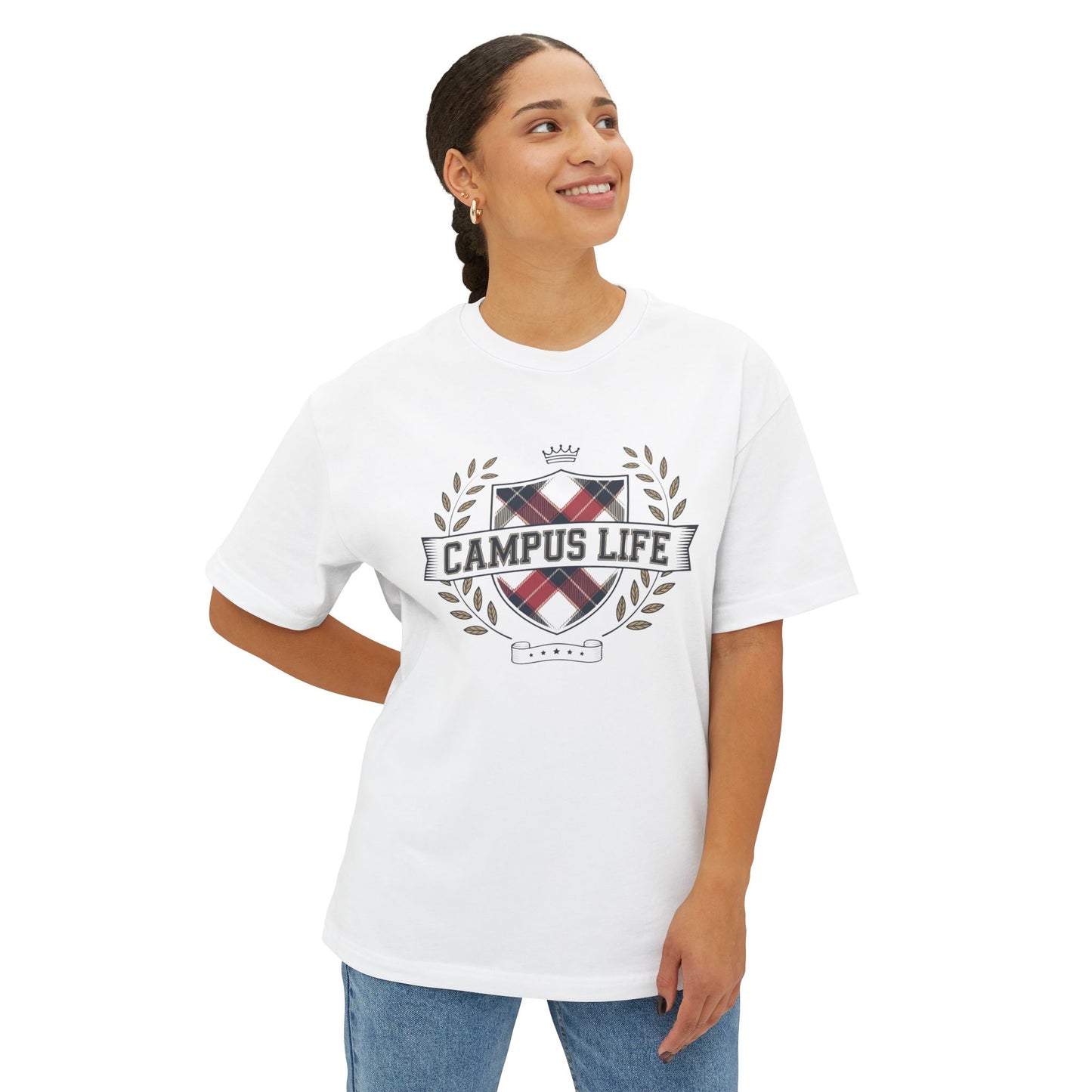 Campus Life Plaid Crest Tee — Oversized Boxy College T-Shirt