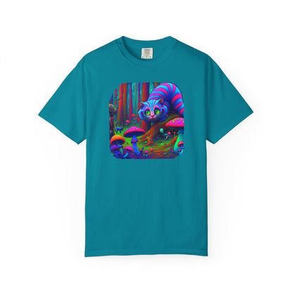 Curious Cat with mushrooms, Unisex Garment-Dyed T-shirt - Psychonaut Swag