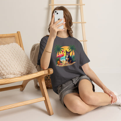 Dog Beach Sunset T-Shirt — Tropical Flamingo Palm Tee