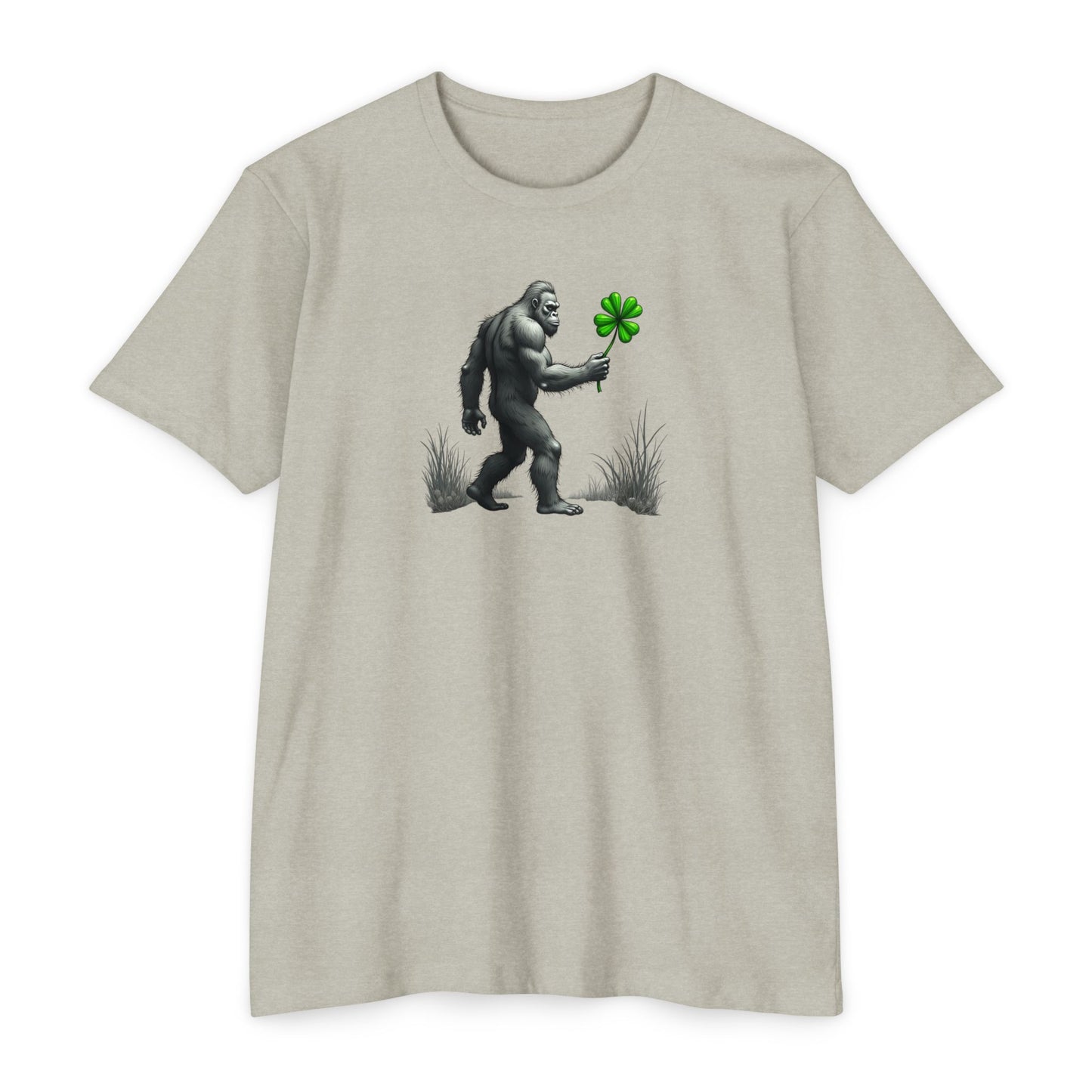 Bigfoot Holding Clover T‑Shirt — Funny Sasquatch St. Patrick’s Day Tee