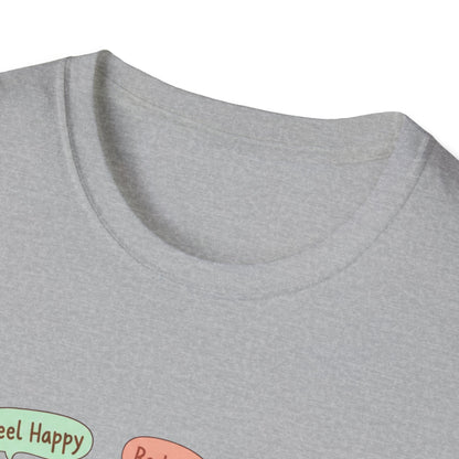 Cute Kawaii Pets T-Shirt — 'Feel Happy, Be Wise, Be Kind' Cartoon Cat Owl Dog Tee