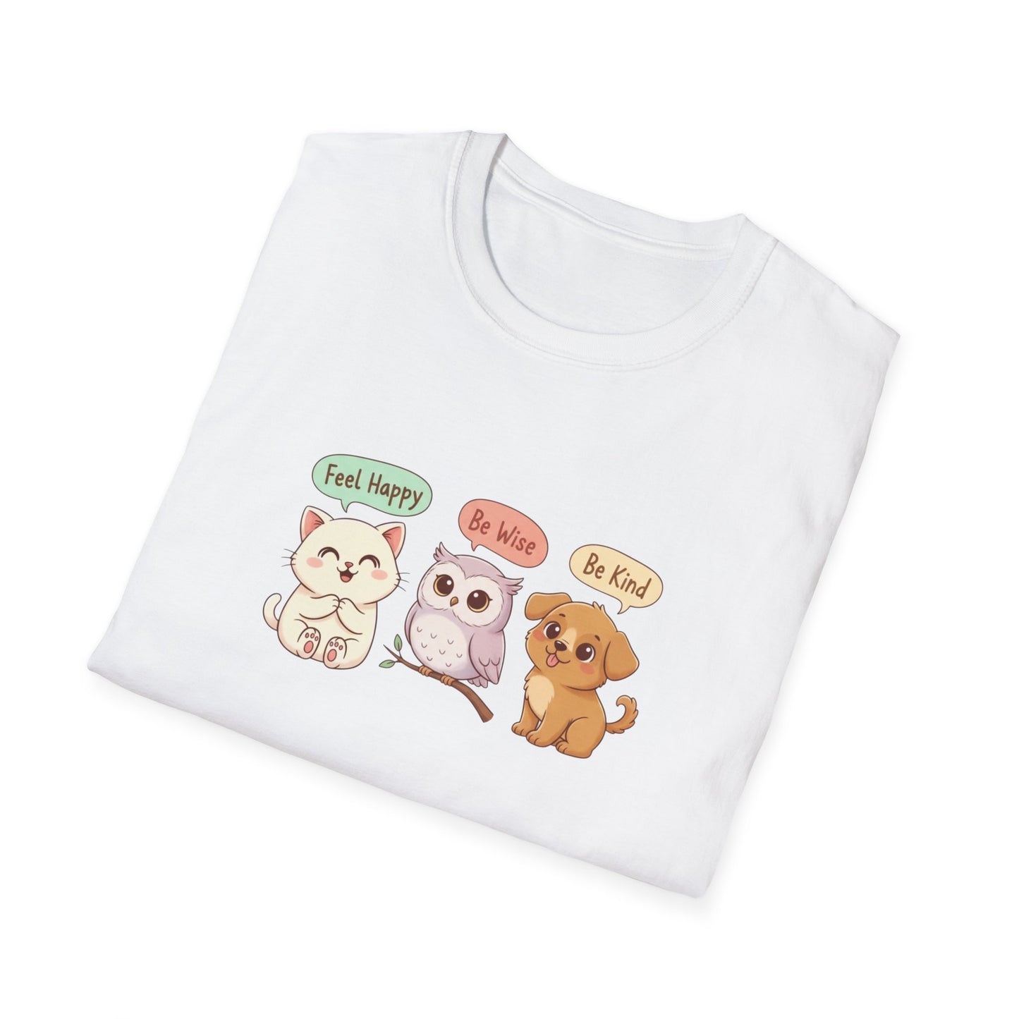 Cute Kawaii Pets T-Shirt — 'Feel Happy, Be Wise, Be Kind' Cartoon Cat Owl Dog Tee