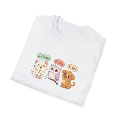 Cute Kawaii Pets T-Shirt — 'Feel Happy, Be Wise, Be Kind' Cartoon Cat Owl Dog Tee