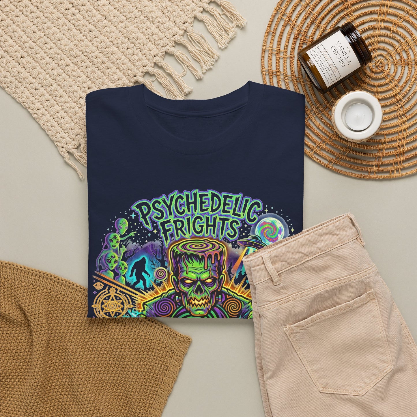 Psychedelic Monsters Halloween Tee — Spooky Pumpkin and Sasquatch Horror Graphic T-Shirt