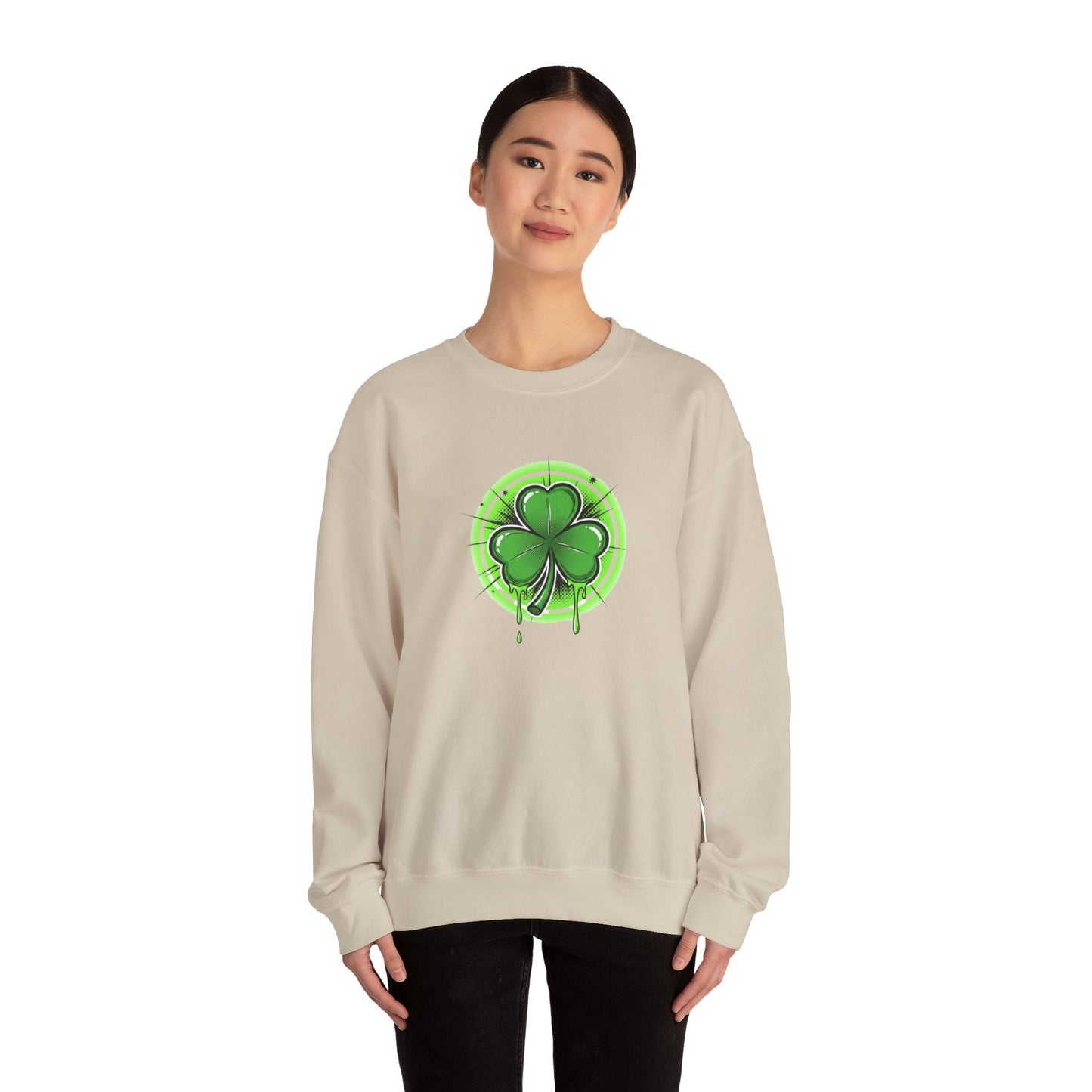 Oozing with Luck, Four-Leaf Clover Crewneck Sweatshirt — Neon Lucky Shamrock St. Patrick’s Day Pullover