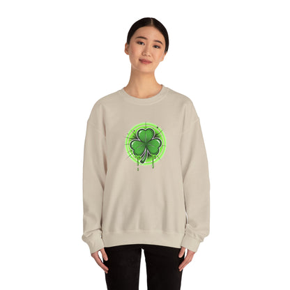 Oozing with Luck, Four-Leaf Clover Crewneck Sweatshirt — Neon Lucky Shamrock St. Patrick’s Day Pullover