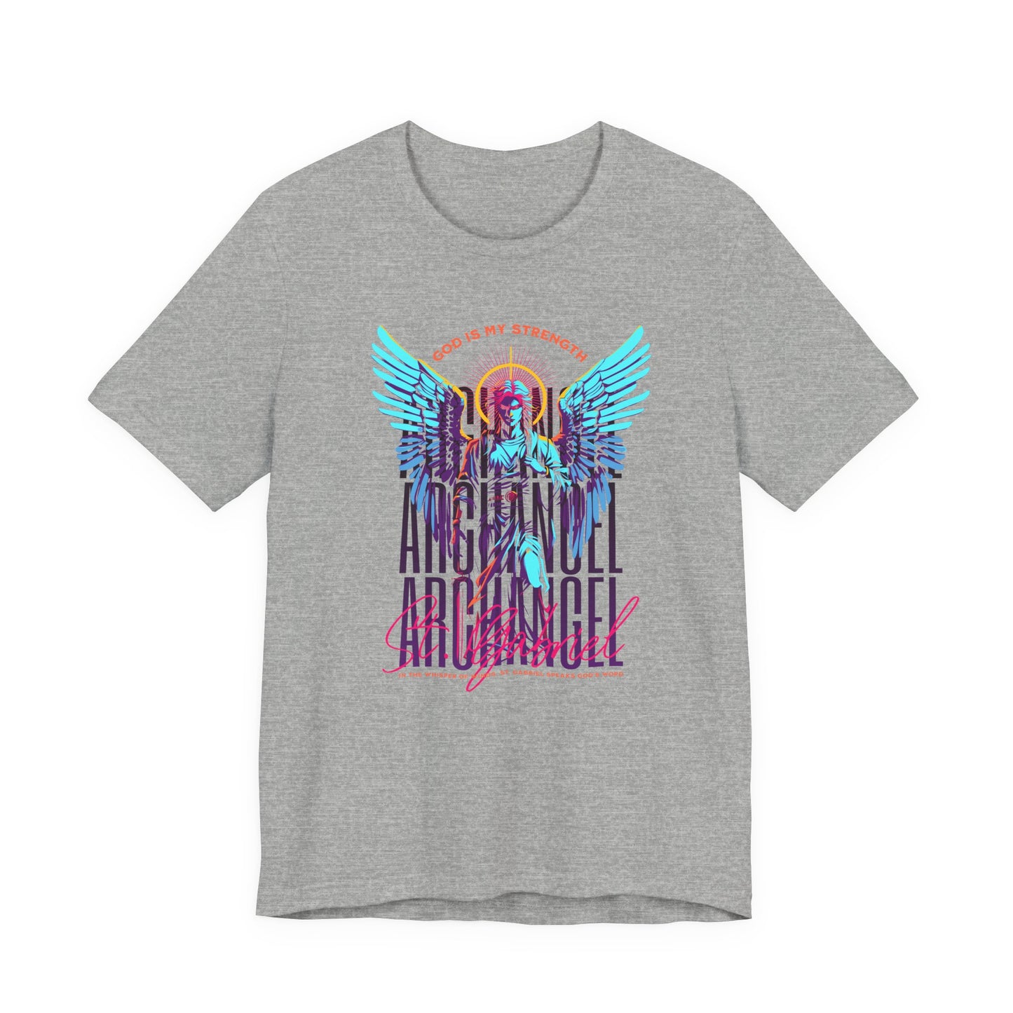 St. Gabriel Angel Tee — "God Is My Strength" Neon Graphic T-Shirt
