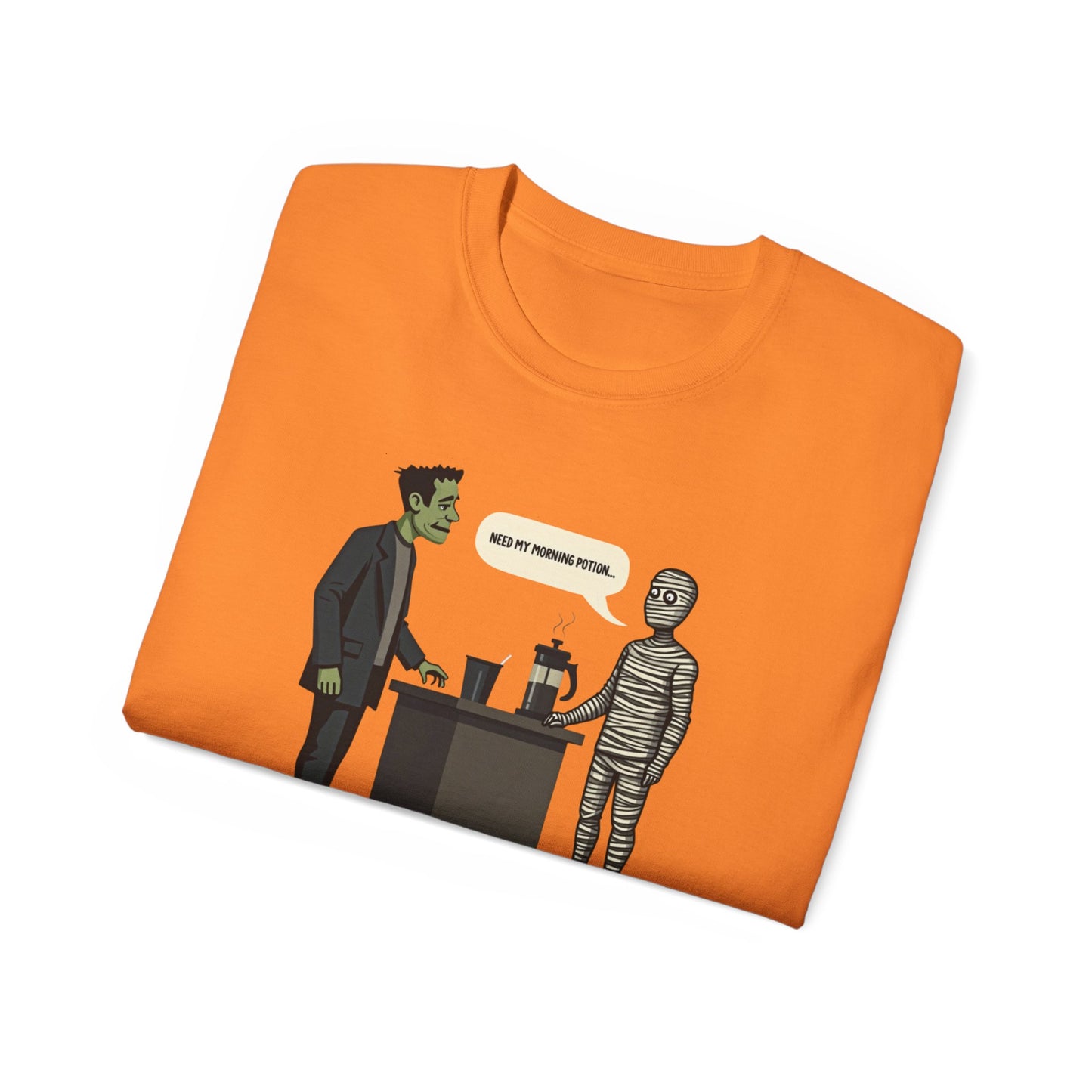 Funny Halloween Tee — Frankenstein & Mummy Coffee Joke Shirt
