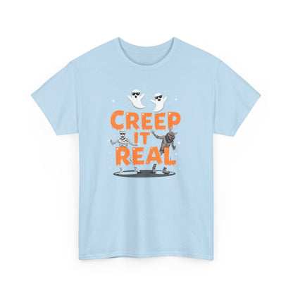 Creep It Real Unisex Heavy Cotton Tee, Halloween Shirt, Fall Apparel, Spooky Season, Ghost Theme, Unisex Casual Wear