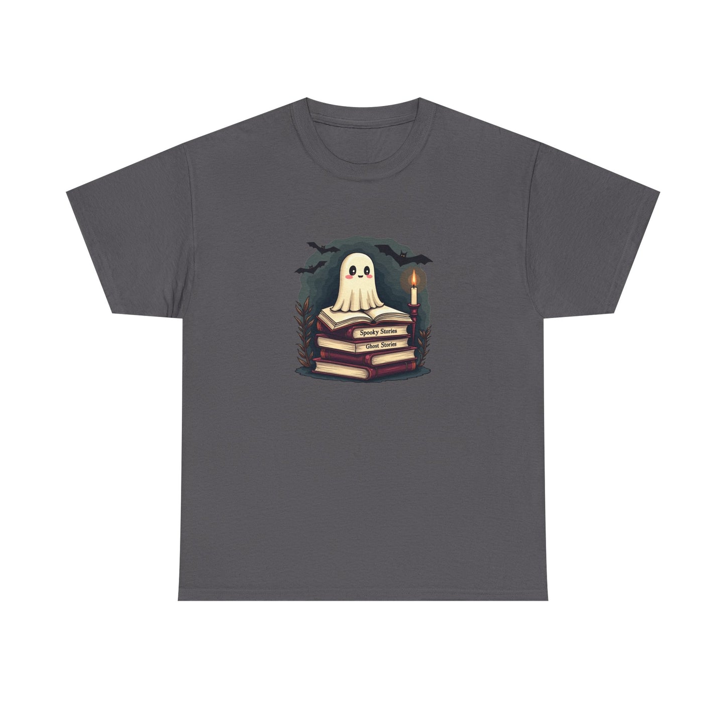 Ghost Reader T-Shirt — Cute Ghost on Stacked Books Halloween Tee