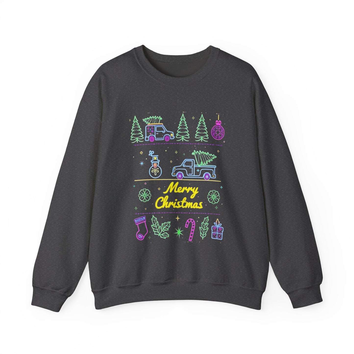Christmas Crewneck Sweatshirt — Neon Holiday Tree "Merry Christmas" Design