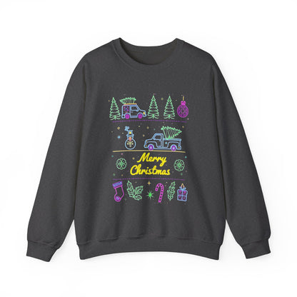 Christmas Crewneck Sweatshirt — Neon Holiday Tree "Merry Christmas" Design