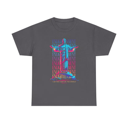 Enlightenment Tee — Neon Statue Graphic T-Shirt ("Entertainment" Text Design)