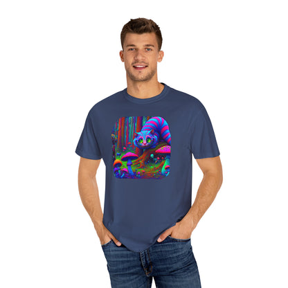 Curious Cat with mushrooms, Unisex Garment-Dyed T-shirt - Psychonaut Swag