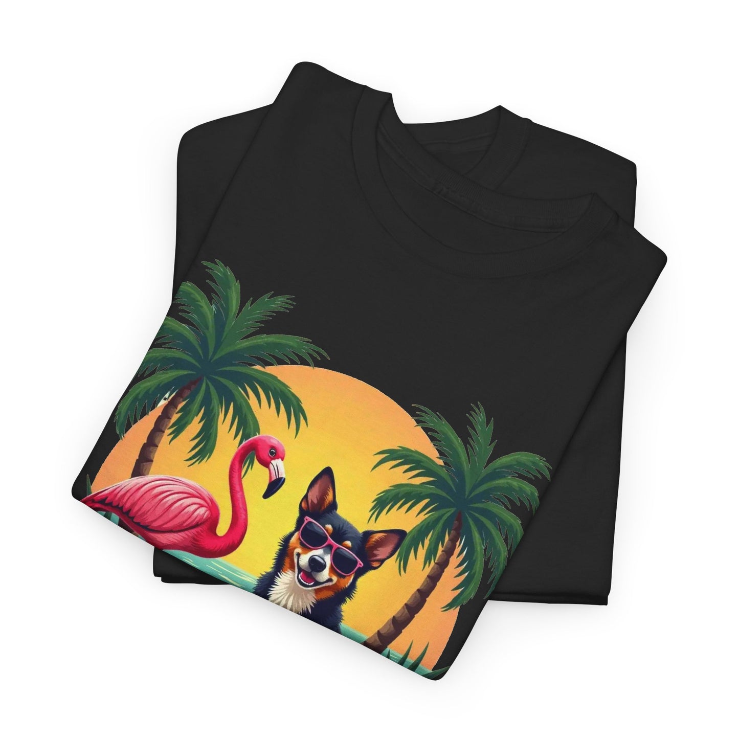 Dog Beach Sunset T-Shirt — Tropical Flamingo Palm Tee