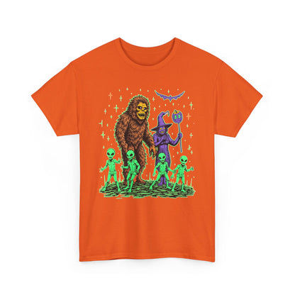Bigfoot & Aliens Halloween Graphic Tee — Retro Neon Sci‑Fi Cryptid Shirt