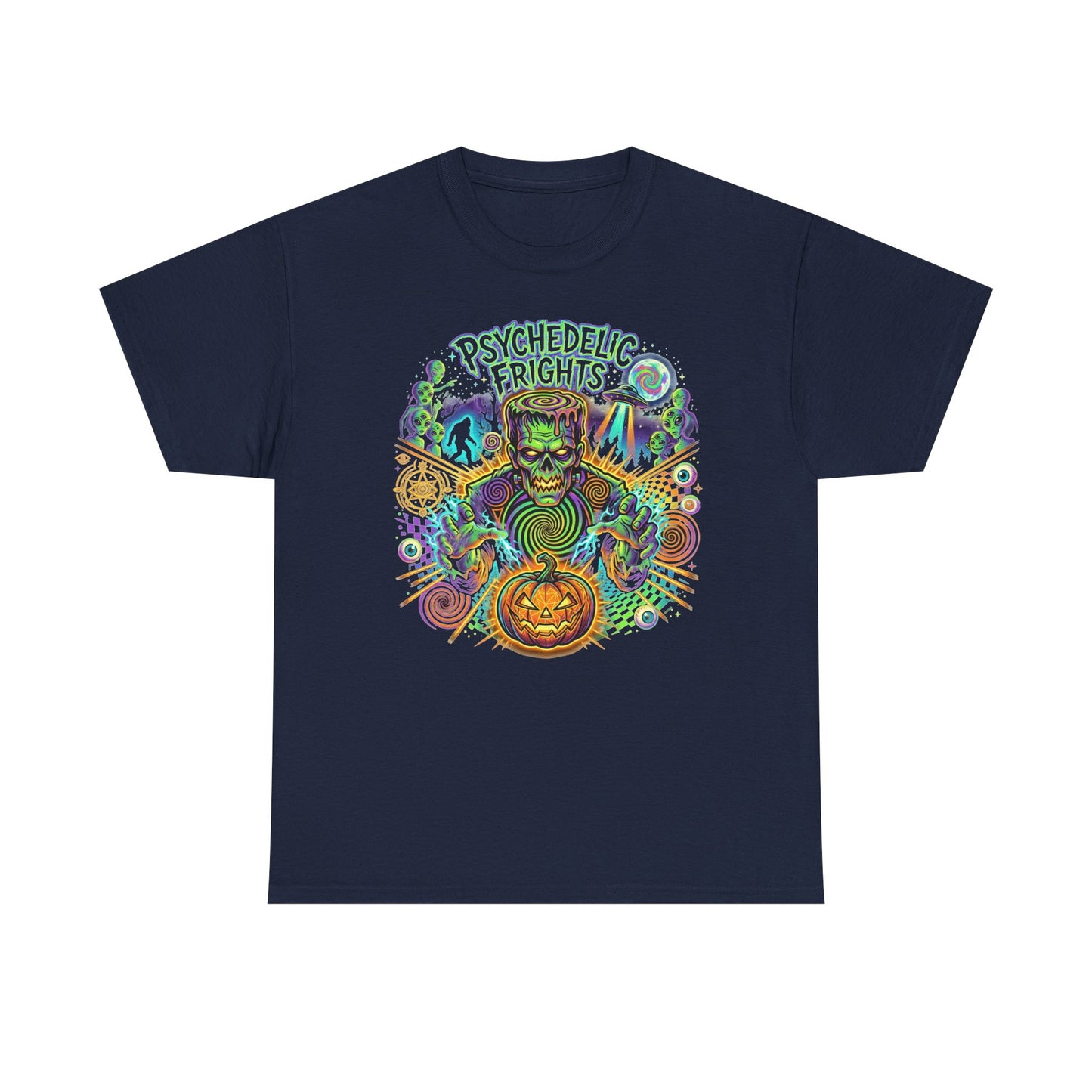 Psychedelic Monsters Halloween Tee — Spooky Pumpkin and Sasquatch Horror Graphic T-Shirt