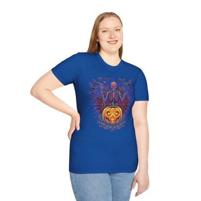 Skeleton Sorcerer Halloween T-Shirt — Jack-O'-Lantern & Bats Spooky Tee