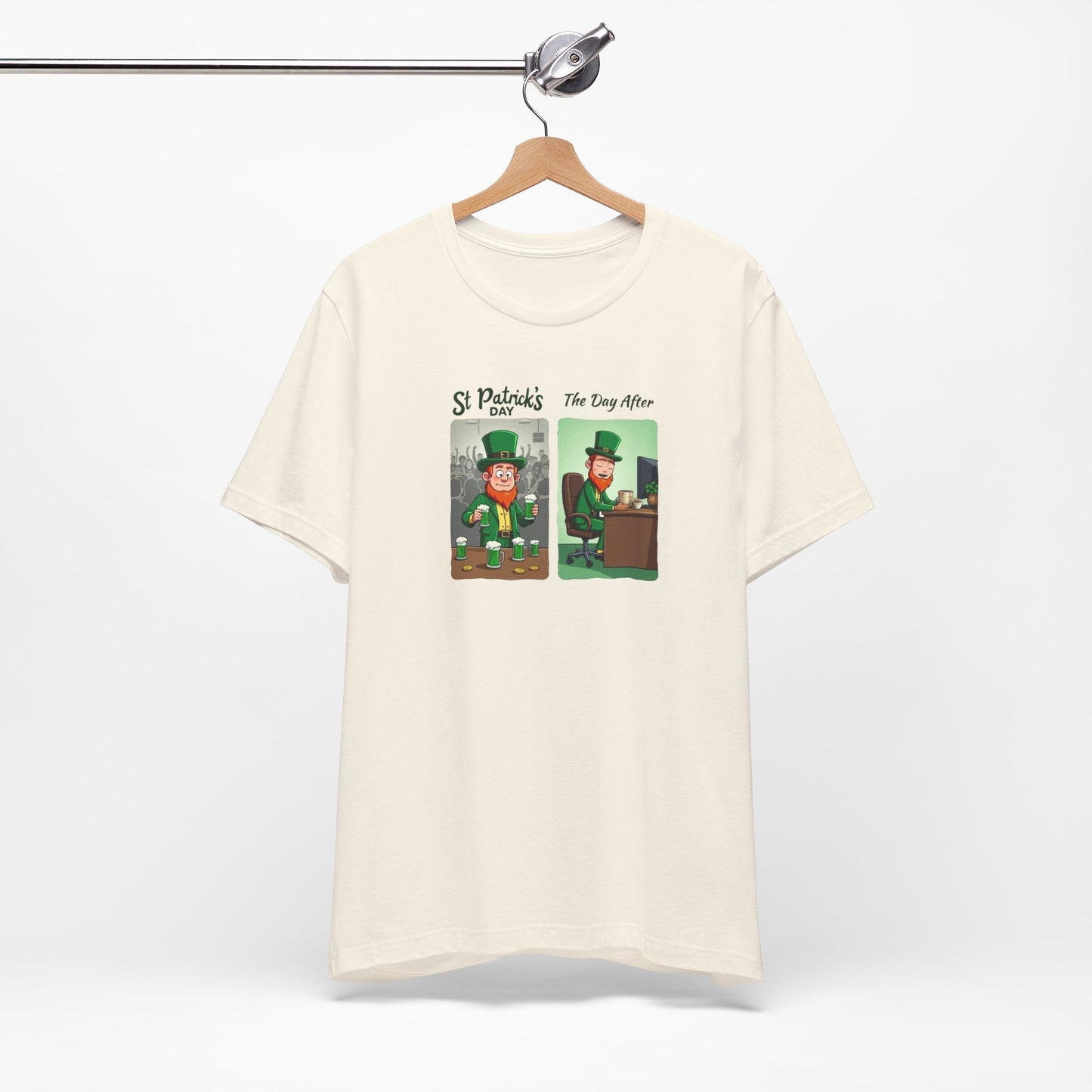St. Patrick's Day Leprechaun Funny Cartoon T-Shirt — "St. Patrick's Day / The Day After" Tee