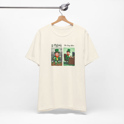 St. Patrick's Day Leprechaun Funny Cartoon T-Shirt — "St. Patrick's Day / The Day After" Tee