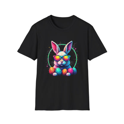Easter Bunny Sunglasses T-Shirt — Colorful Neon Bunny with Easter Eggs