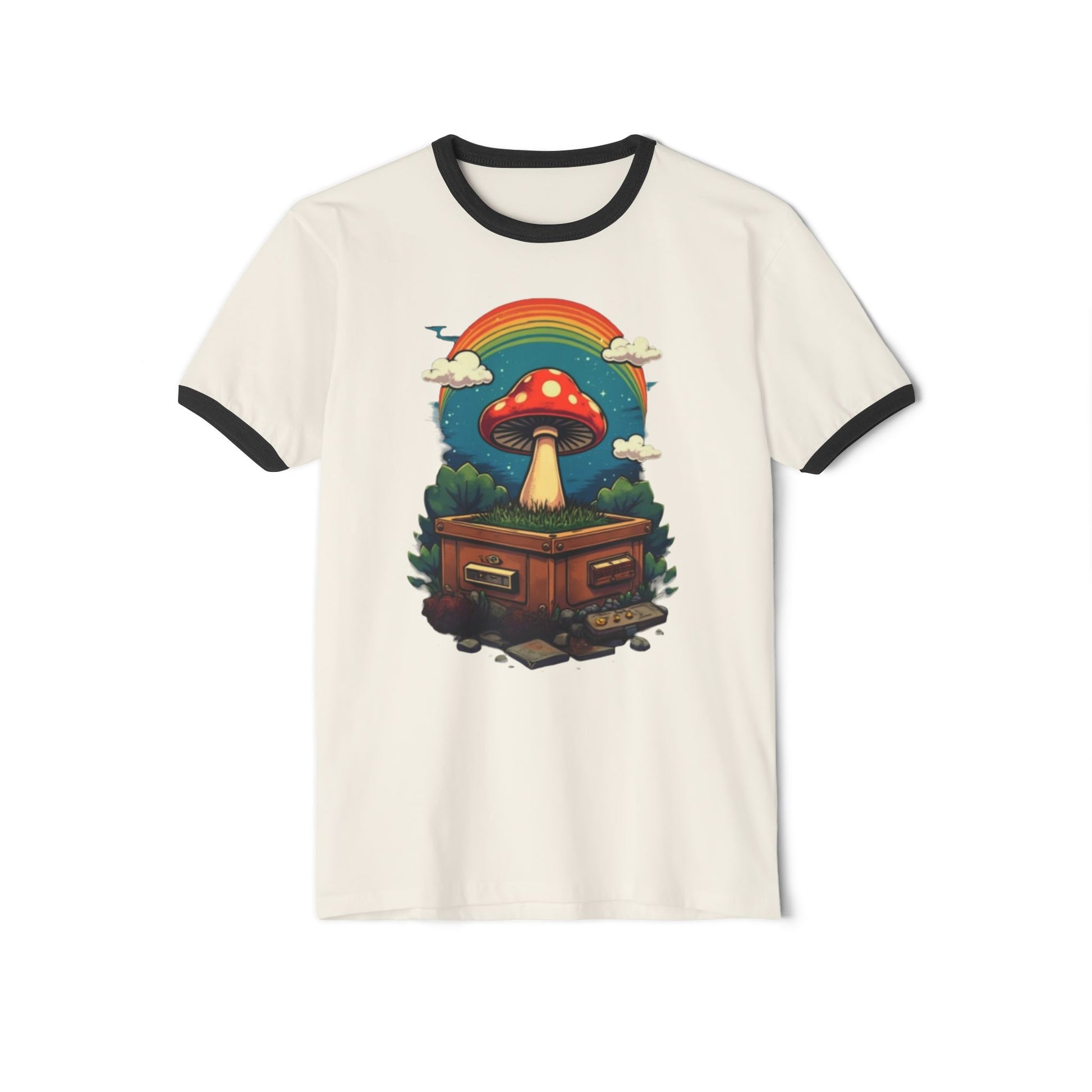 Rainbow Mushroom Unisex Cotton Ringer T-Shirt | Psychedelic Tee, Retro Fashion, Gift for Nature Lovers, Summer Wear, Festival Shirt - Psychonaut Swag