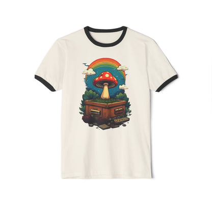 Rainbow Mushroom Unisex Cotton Ringer T-Shirt | Psychedelic Tee, Retro Fashion, Gift for Nature Lovers, Summer Wear, Festival Shirt - Psychonaut Swag