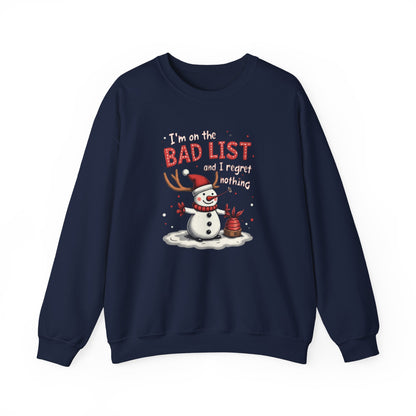 Bad List Snowman Sweatshirt — Funny Christmas Holiday Crewneck
