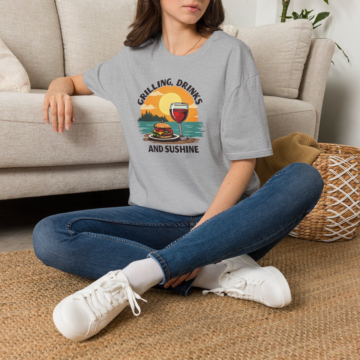 T-Shirt — Grilling, Drinks and Sunshine Retro Sunset BBQ Wine Tee