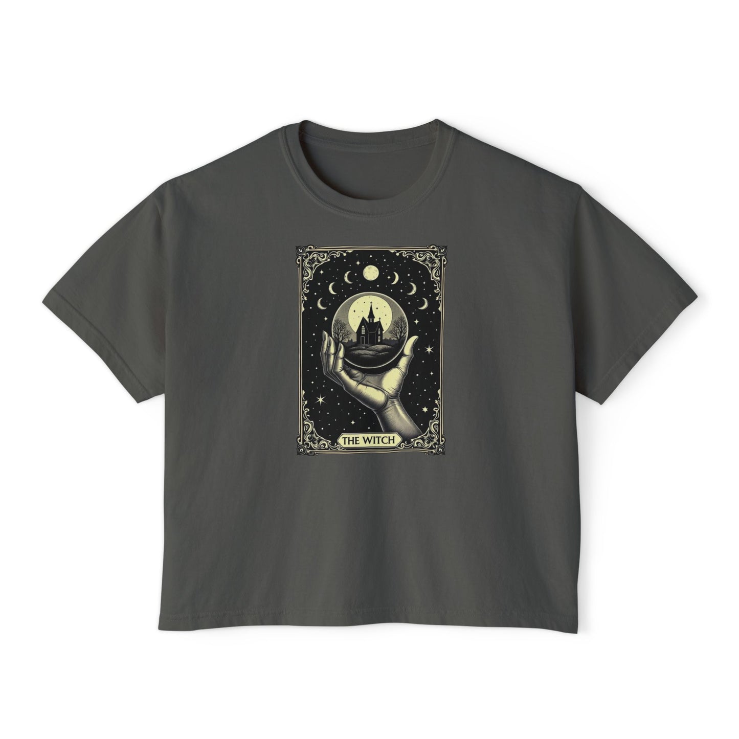 Witch Tarot Boxy Tee - Mystic Crystal Ball Graphic Women’s Crop Shirt
