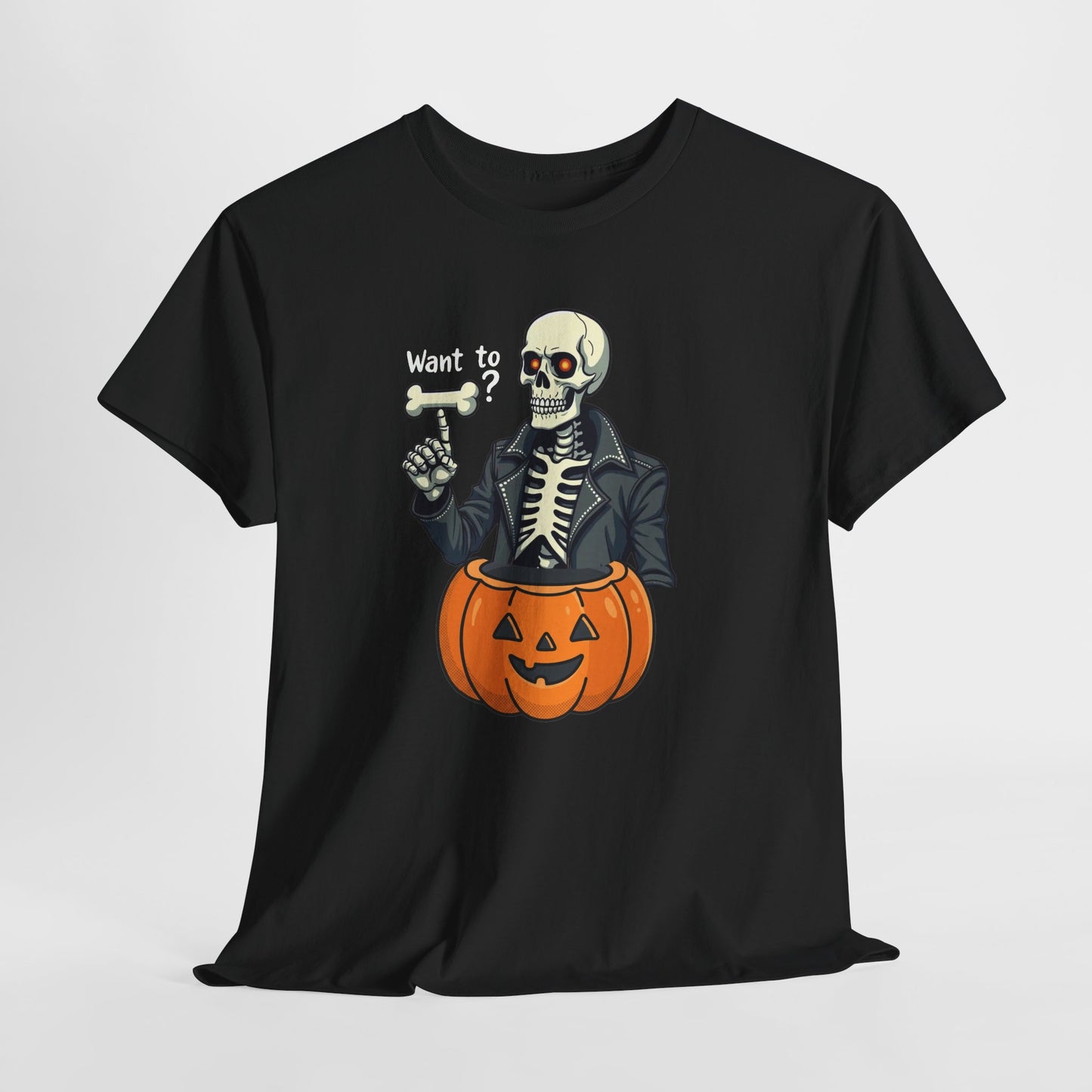 Halloween Skeleton Tee — 'Want to?' Pumpkin Jack-O'-Lantern Graphic Shirt