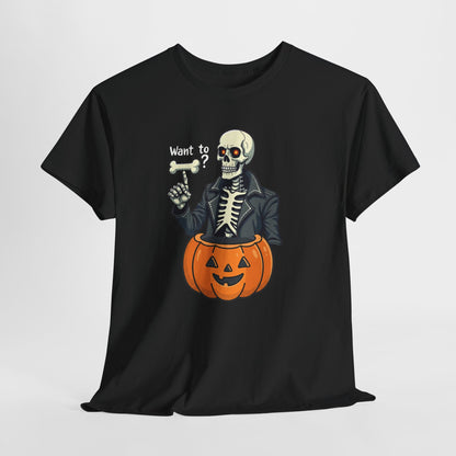 Halloween Skeleton Tee — 'Want to?' Pumpkin Jack-O'-Lantern Graphic Shirt