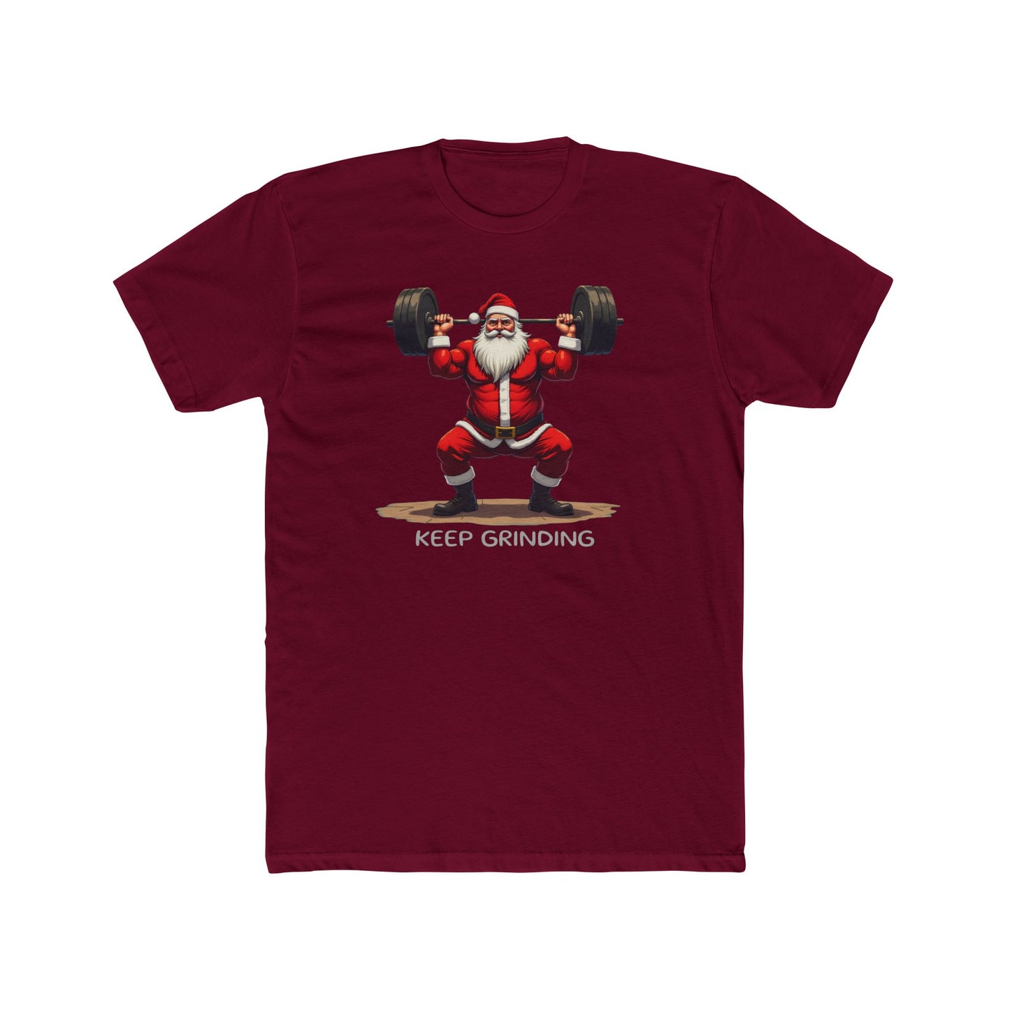 Santa Weightlifter, KEEP GRINDING T‑Shirt — Funny Christmas Gym Tee