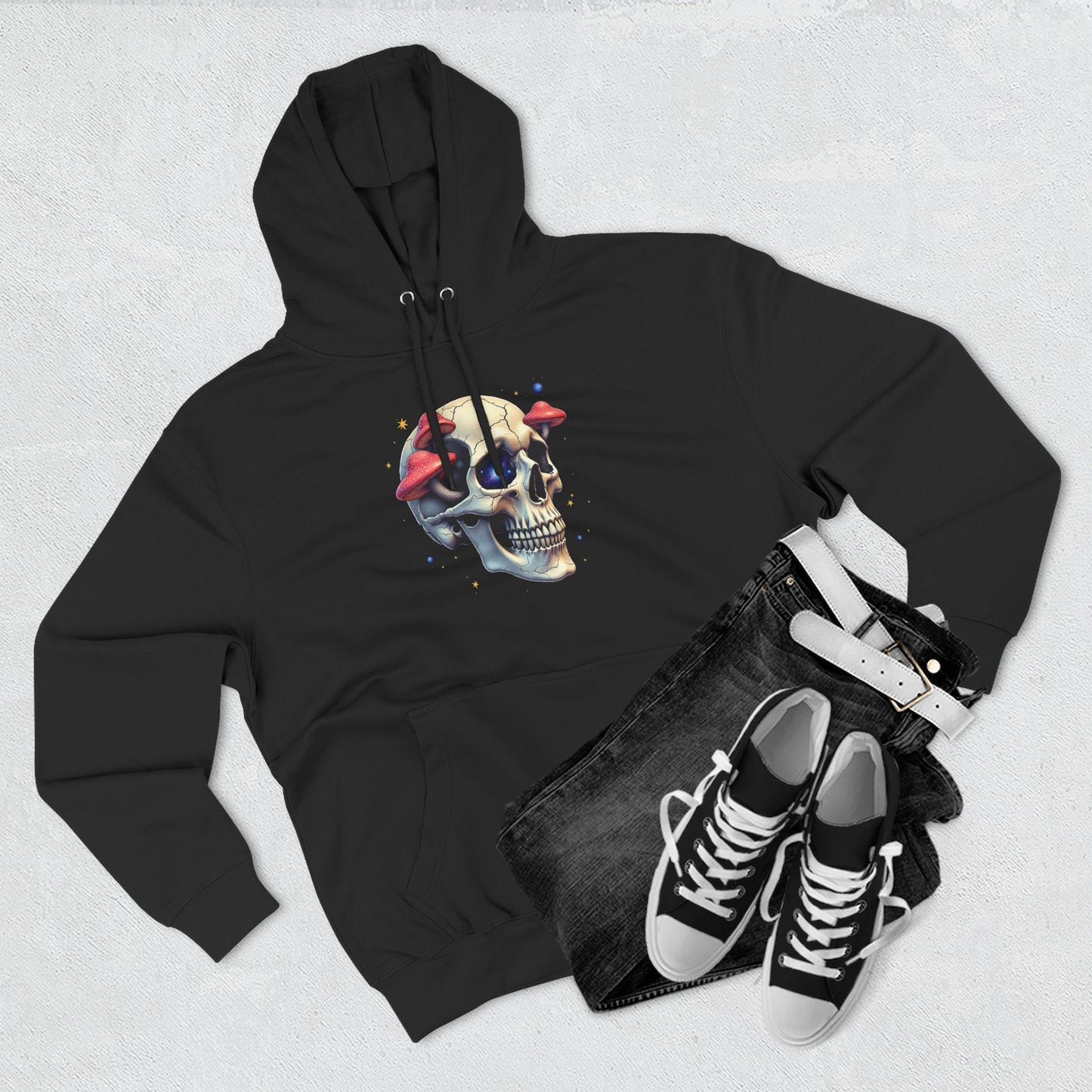 Skull & Mushrooms Hoodie — Gothic Skull with Red Mushroom Graphic